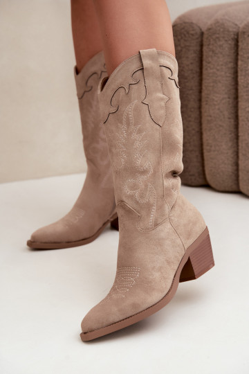 Pieskové vysoké čižmy z umelej zamše v cowboy štýle s podpätkami Jarissa 2