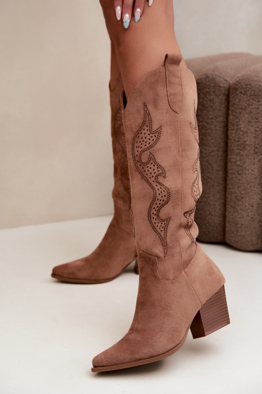 dlhé cowboyské štýlové topánky s dekoráciou na holenici v hnedej farbe Greyla