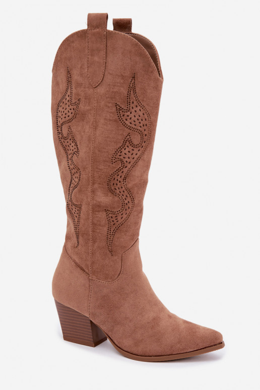 dlhé cowboyské štýlové topánky s dekoráciou na holenici v hnedej farbe Greyla