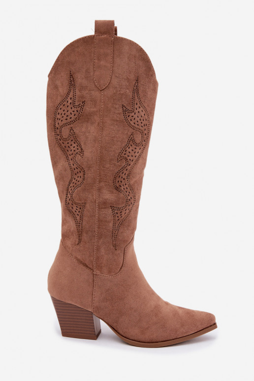dlhé cowboyské štýlové topánky s dekoráciou na holenici v hnedej farbe Greyla