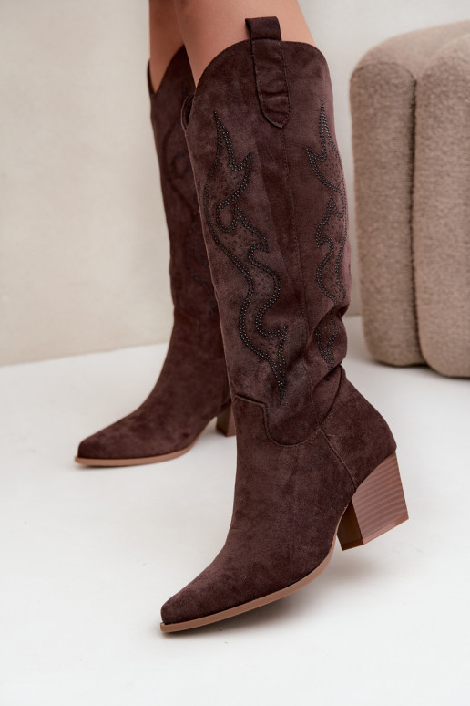 dlhé cowboyské štýlové topánky s dekoráciou na holenici v čokoládovej farbe Greyla