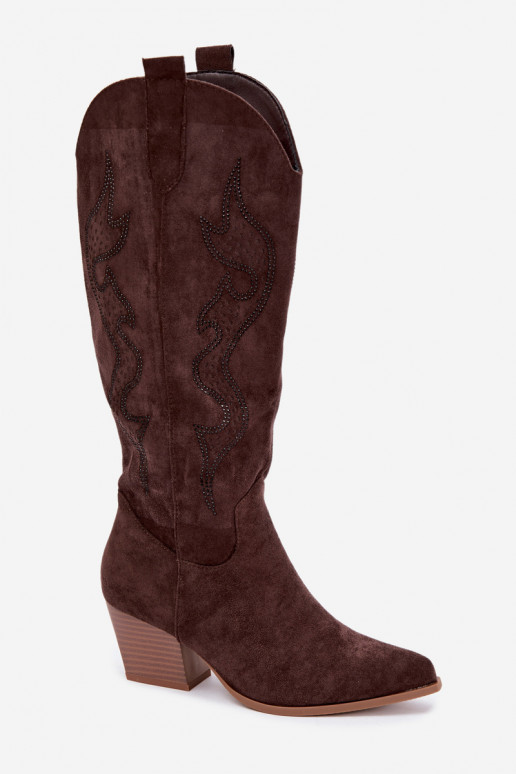 dlhé cowboyské štýlové topánky s dekoráciou na holenici v čokoládovej farbe Greyla