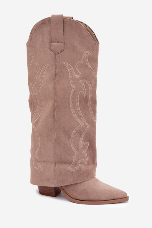 Dlhé čižmy v cowboy štýle s podpätkami so šitým zvrškom v khaki farbe Irella
