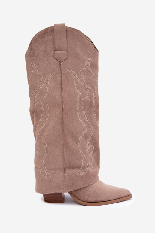 Dlhé čižmy v cowboy štýle s podpätkami so šitým zvrškom v khaki farbe Irella