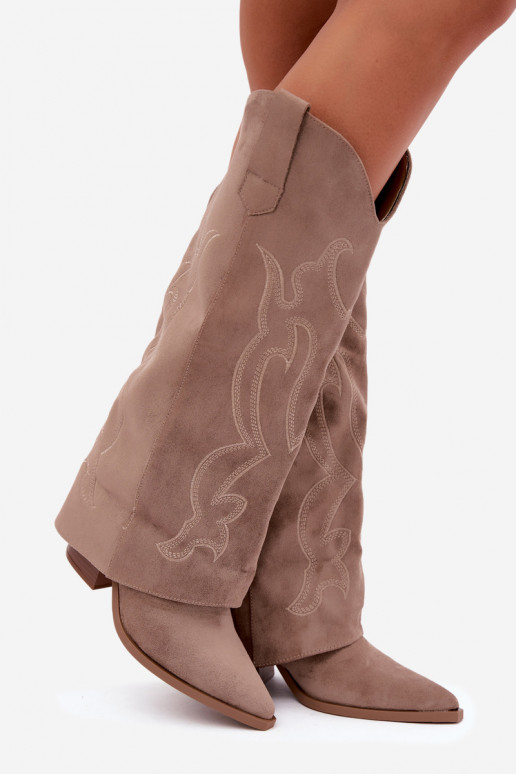 Dlhé čižmy v cowboy štýle s podpätkami so šitým zvrškom v khaki farbe Irella