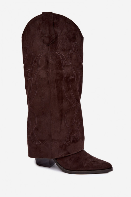 Dlhé čižmy v cowboy štýle s podpätkami so šitým zvrškom v čokoládovej farbe Irella