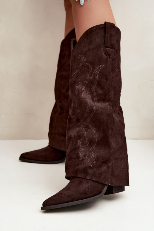 Dlhé čižmy v cowboy štýle s podpätkami so šitým zvrškom v čokoládovej farbe Irella