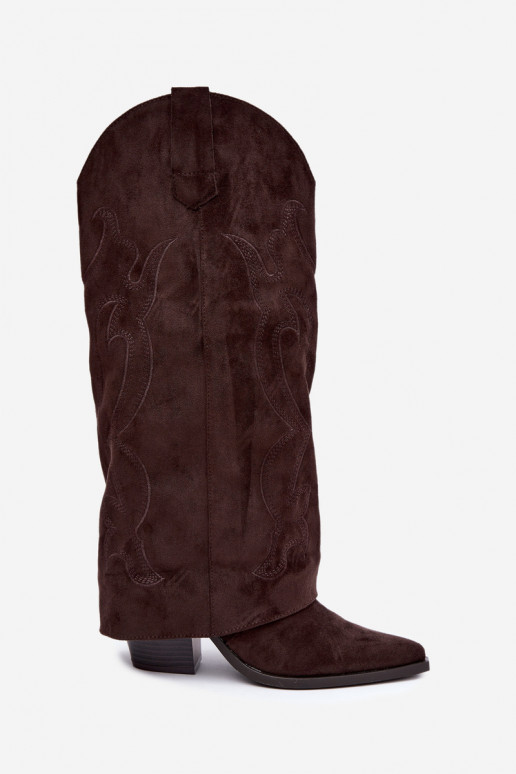 Dlhé čižmy v cowboy štýle s podpätkami so šitým zvrškom v čokoládovej farbe Irella