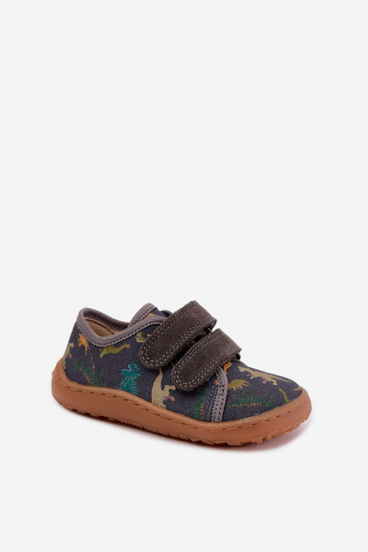 Detské šľapky Barefoot s dinosaurami Froddo Canvas G1700440-31 Šedé