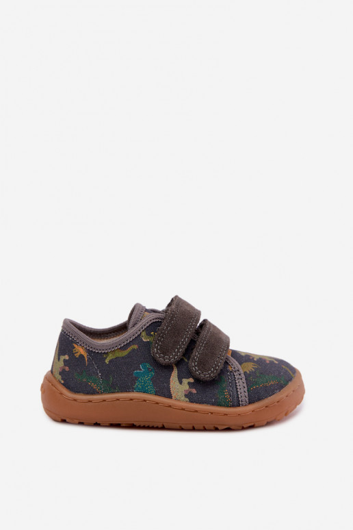 Detské šľapky Barefoot s dinosaurami Froddo Canvas G1700440-31 Šedé