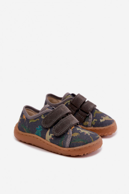 Detské šľapky Barefoot s dinosaurami Froddo Canvas G1700440-31 Šedé