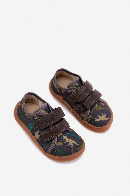 Detské šľapky Barefoot s dinosaurami Froddo Canvas G1700440-31 Šedé