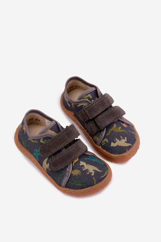 Detské šľapky Barefoot s dinosaurami Froddo Canvas G1700440-31 Šedé