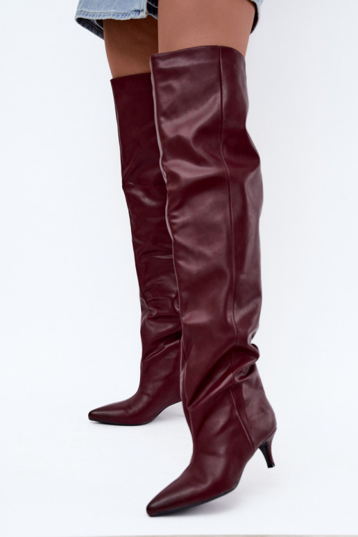 dámske vysoké čižmy na slip-on s tenkými podpätkami v burgundskej farbe Ysolienne