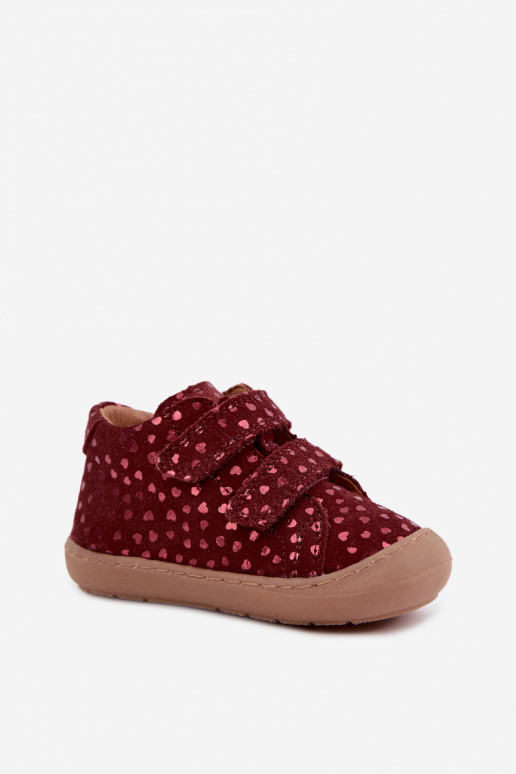 Bordové detské semišové topánky Barefoot so srdiečkami Froddo G2130328-66