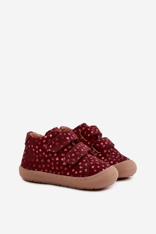 Bordové detské semišové topánky Barefoot so srdiečkami Froddo G2130328-66