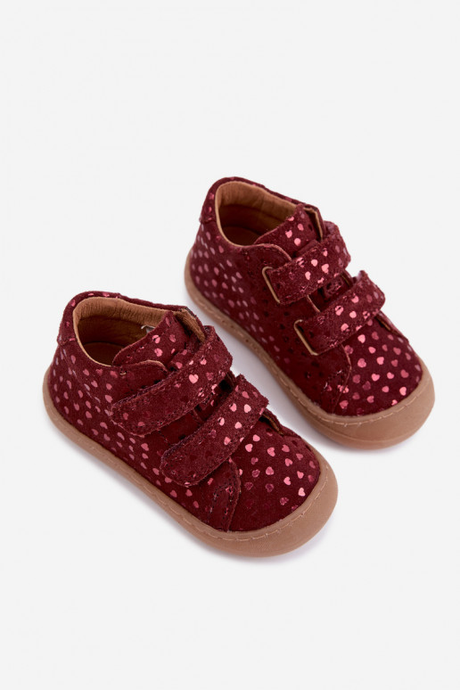 Bordové detské semišové topánky Barefoot so srdiečkami Froddo G2130328-66