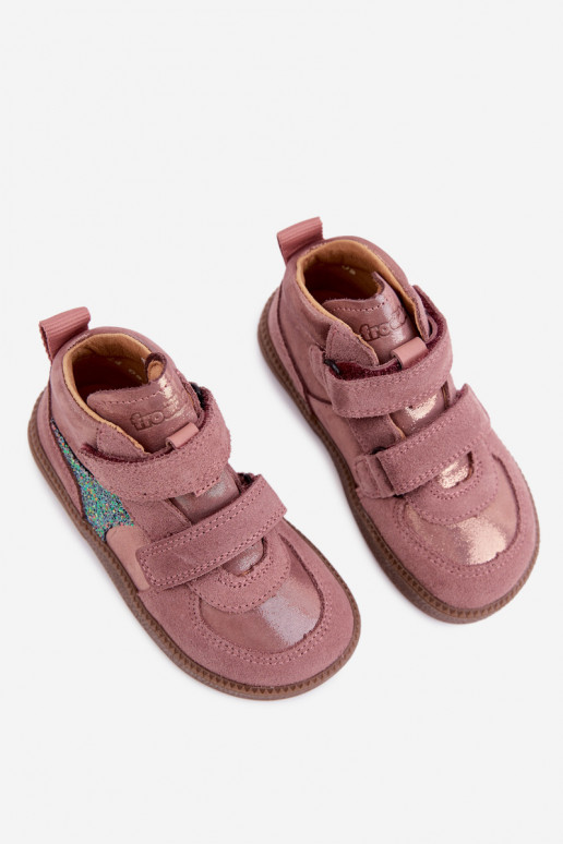 Ružové detské semišové topánky Barefoot s leskom Froddo G2110157-5