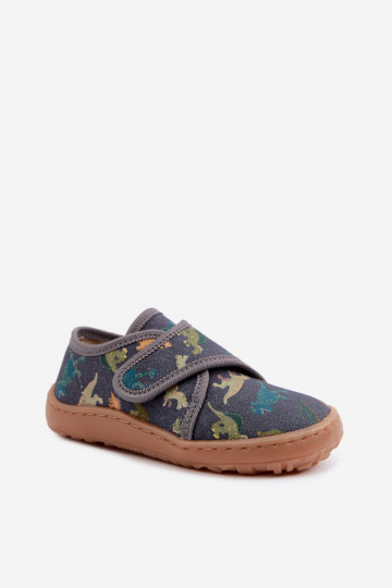 Detské papuče pre chlapcov s lepkavými zapínaniami Barefoot Dinozaurai Froddo G1700438-26 v šedej