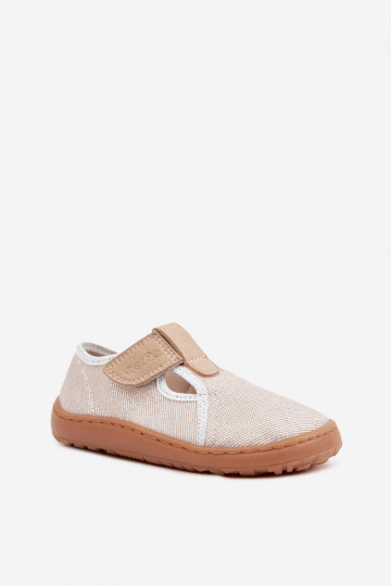 Detské papuče s lepkavými zapínaniami a leskom Barefoot Froddo Canvas G1700439-3 v zlatej