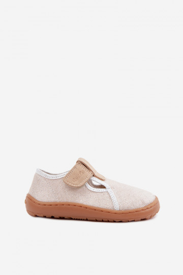 Detské papuče s lepkavými zapínaniami a leskom Barefoot Froddo Canvas G1700439-3 v zlatej 2