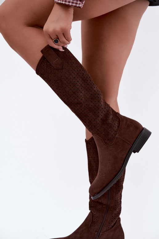 Vysoké čižmy s výrezmi a širokými podpätkami, hnedé