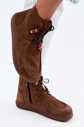 Dámske teplé členkové topánky Barefoot s korálkami Zazoo 30078 v hnedej farbe
