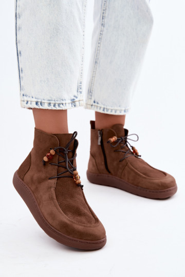 Dámske teplé členkové topánky Barefoot s korálkami Zazoo 30078 v hnedej farbe 2