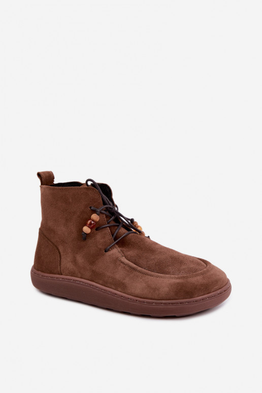 Dámske teplé členkové topánky Barefoot s korálkami Zazoo 30078 v hnedej farbe