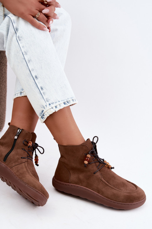 Dámske teplé členkové topánky Barefoot s korálkami Zazoo 30078 v hnedej farbe
