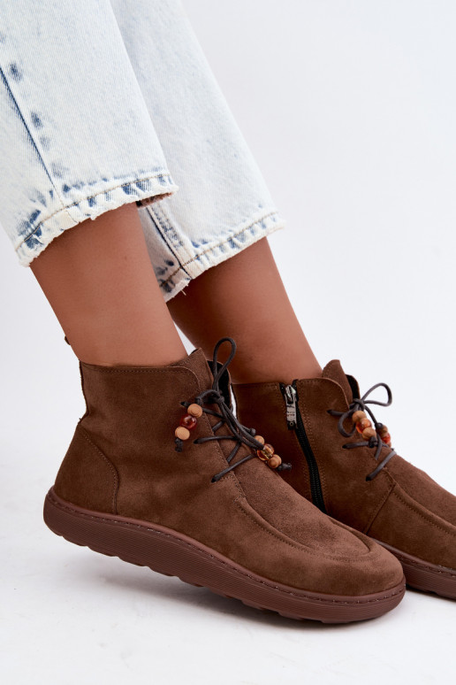 Dámske teplé členkové topánky Barefoot s korálkami Zazoo 30078 v hnedej farbe