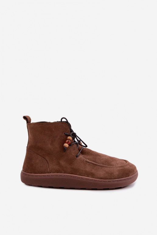 Dámske teplé členkové topánky Barefoot s korálkami Zazoo 30078 v hnedej farbe