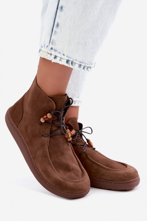 Dámske teplé členkové topánky Barefoot s korálkami Zazoo 30078 v hnedej farbe
