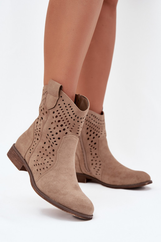 Ažúrové dámske členkové topánky so širokými podpätkami v pieskovom odtieni Amisna