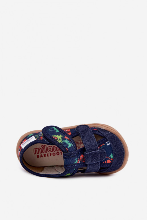 Detské šľapky Barefoot Milami s džungľovými vzormi v tmavomodrej Lumi