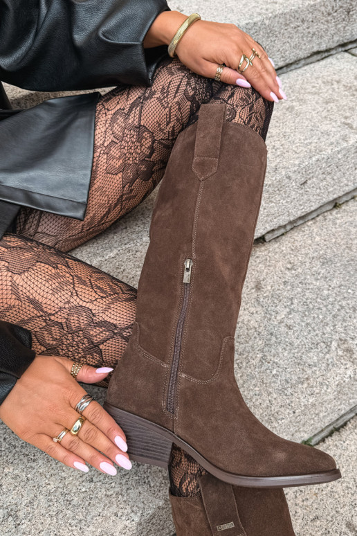 faux suede dámske čižmy po kolená na nízkom podpätku zateplené Big Star UU274519 v čokoládovej farbe