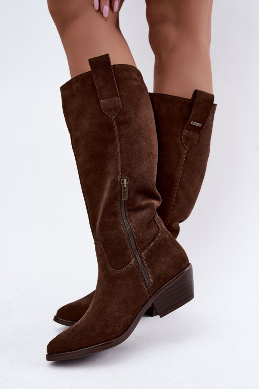 faux suede dámske čižmy po kolená na nízkom podpätku zateplené Big Star UU274519 v čokoládovej farbe