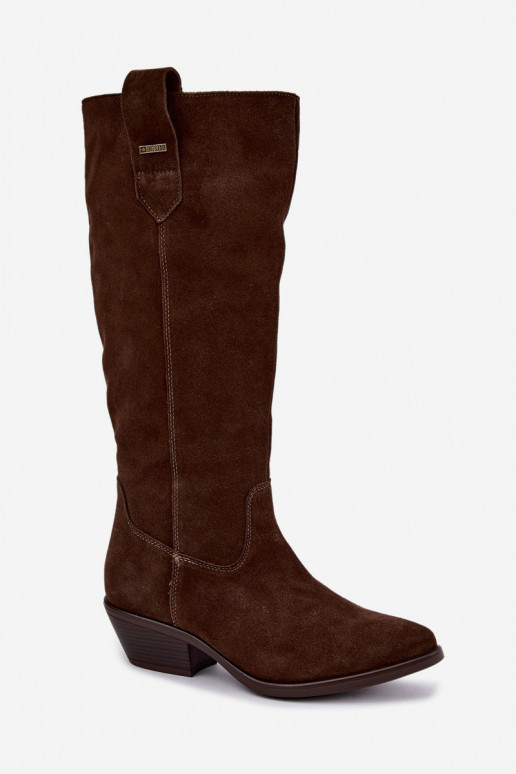 faux suede dámske čižmy po kolená na nízkom podpätku zateplené Big Star UU274519 v čokoládovej farbe