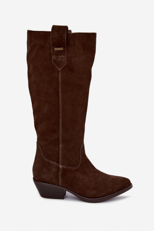faux suede dámske čižmy po kolená na nízkom podpätku zateplené Big Star UU274519 v čokoládovej farbe