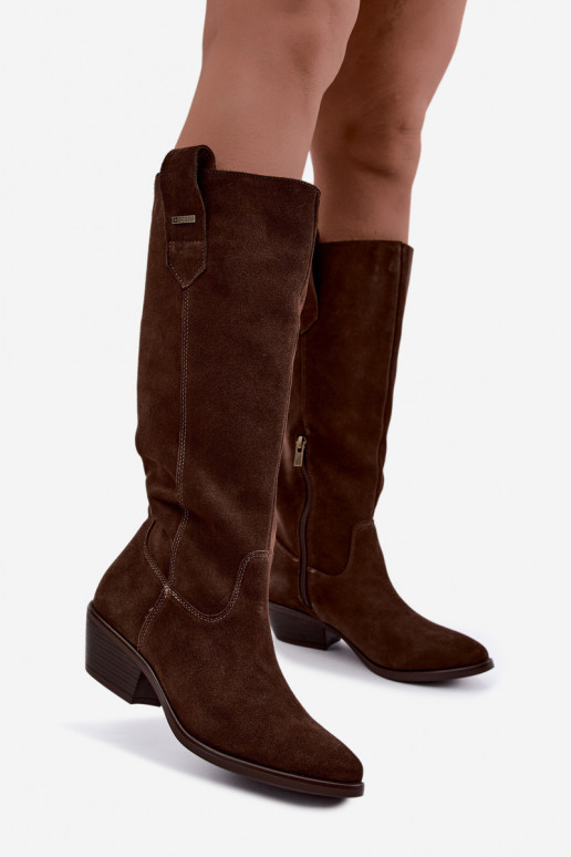faux suede dámske čižmy po kolená na nízkom podpätku zateplené Big Star UU274519 v čokoládovej farbe