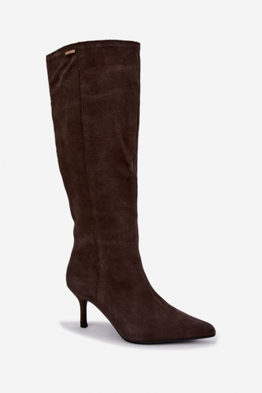 faux suede dlhé čižmy s tenkými podpätkami zateplené vklzový model Big Star UU274495 v tmavo hnedej farbe