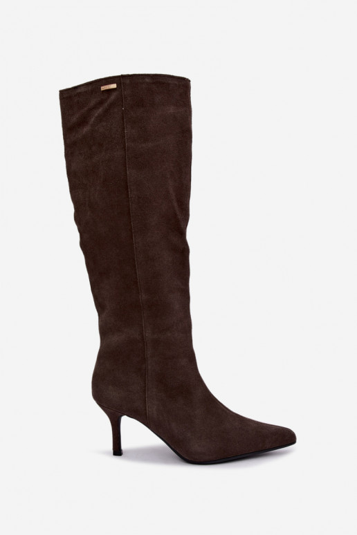 faux suede dlhé čižmy s tenkými podpätkami zateplené vklzový model Big Star UU274495 v tmavo hnedej farbe