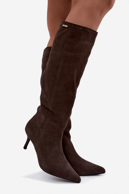 faux suede dlhé čižmy s tenkými podpätkami zateplené vklzový model Big Star UU274495 v tmavo hnedej farbe