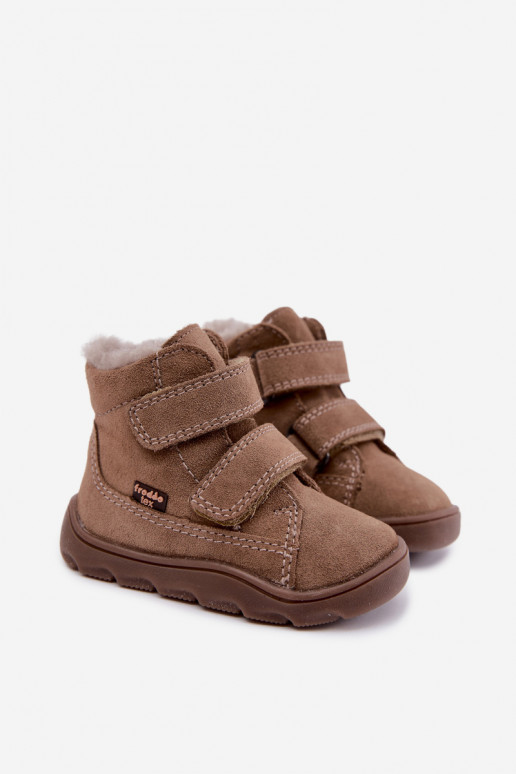 Semišové detské snehové topánky Barefoot Froddo G2110151-8 pieskovej farby