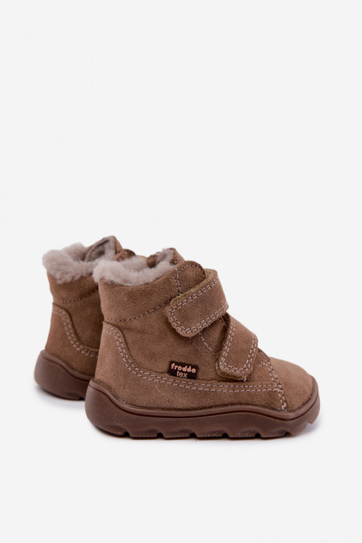 Semišové detské snehové topánky Barefoot Froddo G2110151-8 pieskovej farby