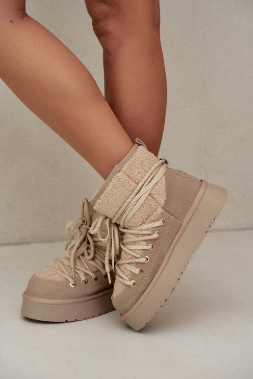 Kožené semišové snehové topánky s kožušinou D&A GR62-6021 v pieskovej farbe