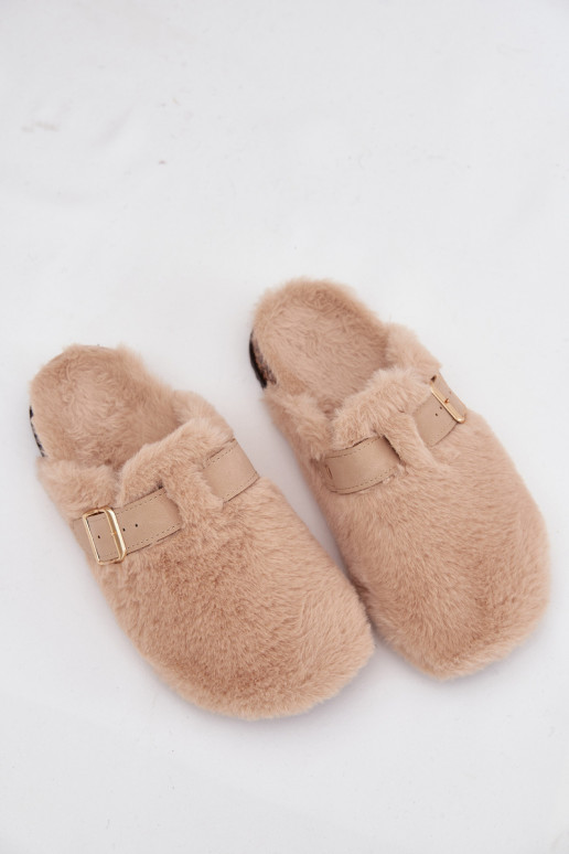 dámske šľapky na platforme s kožušinou a prackami pieskovej farby Noraline