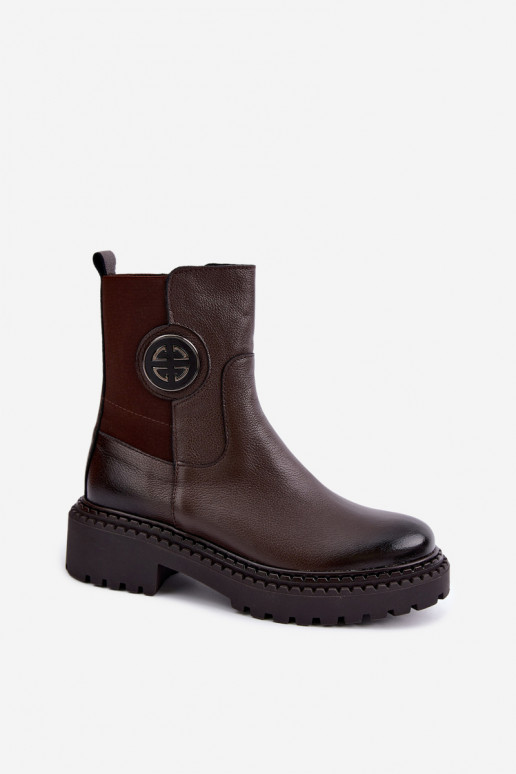 Zateplené kožené poltopánky s elegantnými detailmi Zazoo 60578 čokoládové