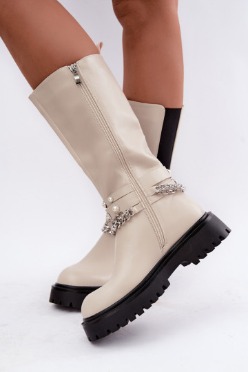 zateplené vysoké čižmy s platformou a reťazami pieskovej farby Doremi