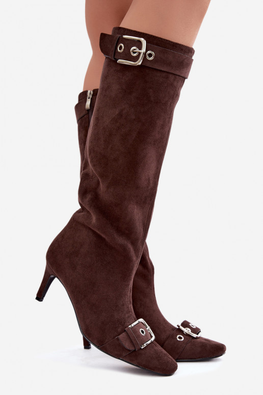 zateplené vysoké čižmy s tenkými podpätkami a prackami v hnedej farbe Finessia